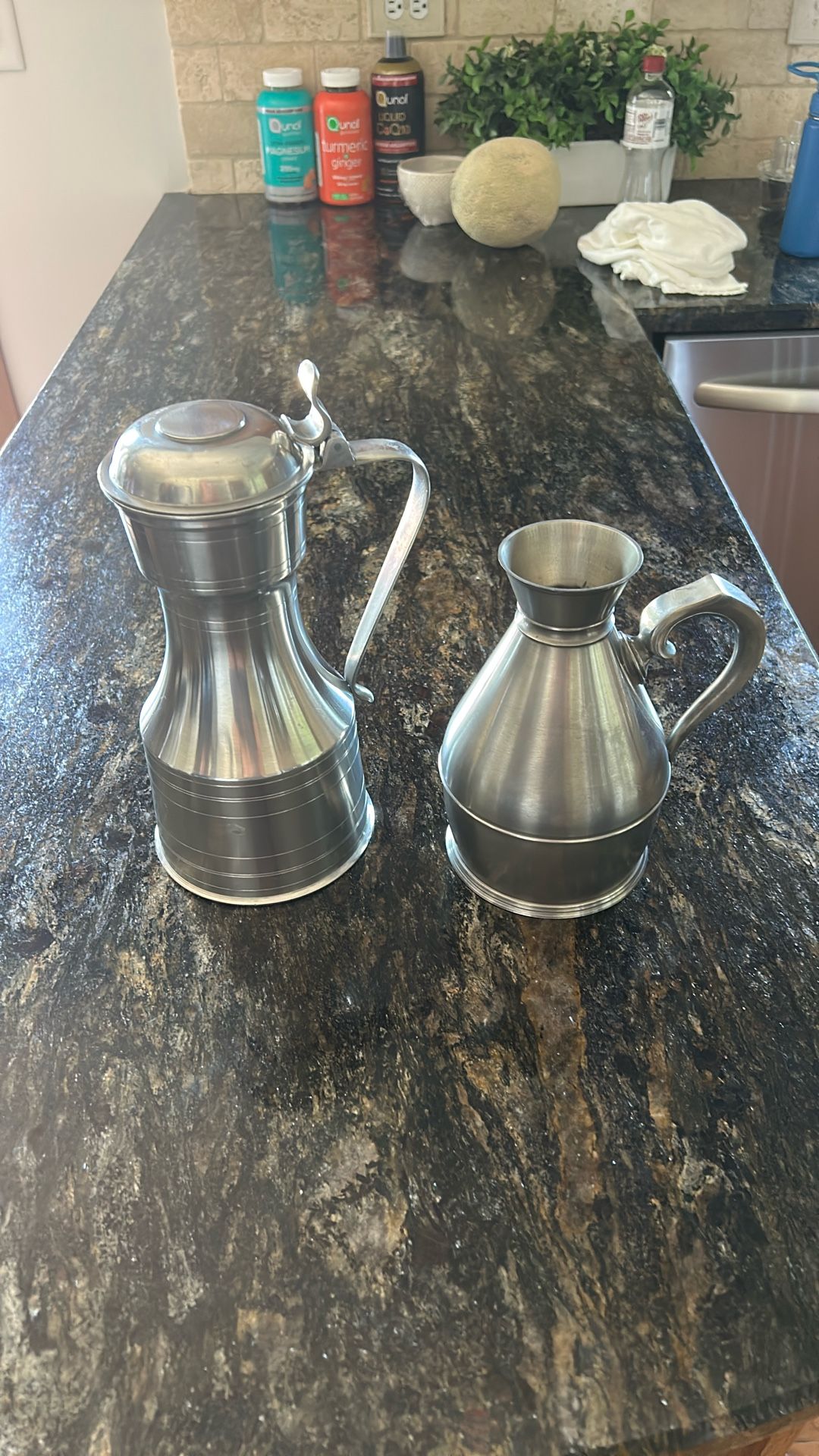 Two Antique Thomas Williams Tappit Hens Pewter Pitchers