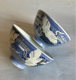 Two New Japanese Mino-ware Ceramic Rice Bowls w/Crane Motif