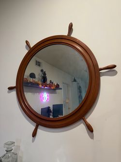 Vintage 1960s Nautical Ships Wheel Wooden Frame Wall Mirror 38" Captain Mirror Boat Ship