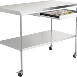 48 x 24 Inch Stainless Steel Prep Table with Drawer, Utility Bench for Kitchen, Garage, Laundry Room, Work Table for Residential and Commercial Use 