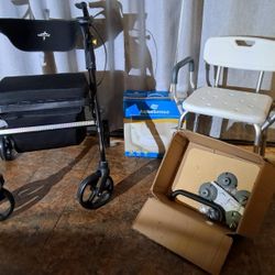 A+ New Durable Medical Equipement -Medline Rollator Foldable Walker With Seat/Storage, Adjustable Shower Chair, and Aquasense Toilet Seat Riser 