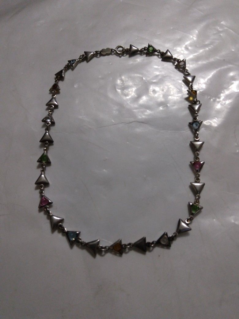 Sterling Silver Chain With Multiple Different Color Stones Land 16 In Used