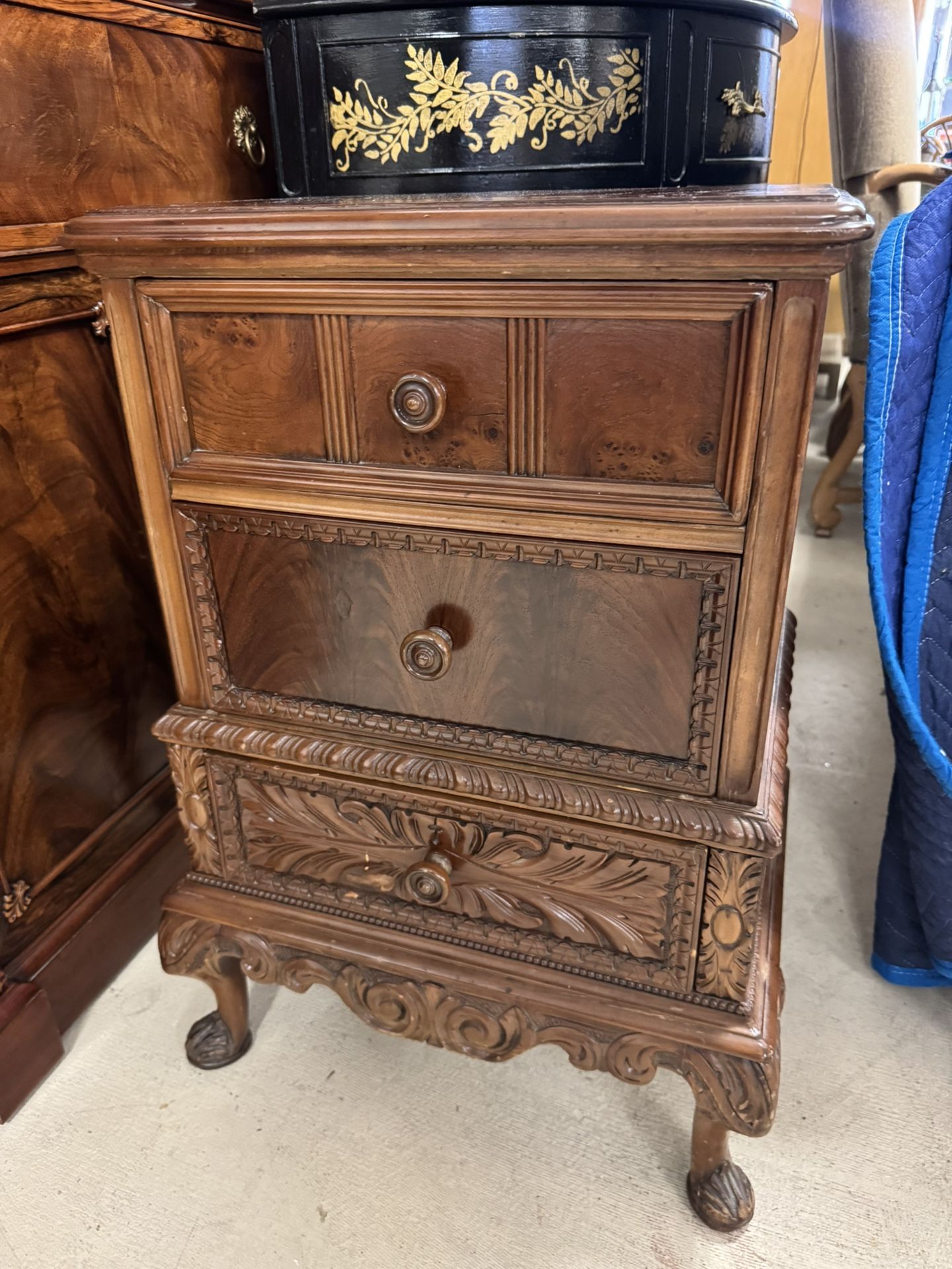 . Vintage Carved  wood nightstand w/ three drawers  & claw feet -  18” x 15” 