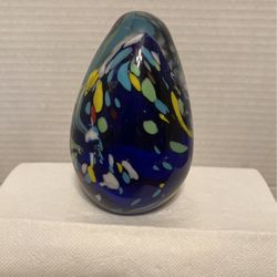 Collectible Egg Shaped Glass Paperweight Cobalt Blue Multi Color 