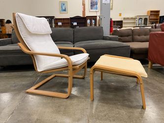 IKEA Poang Rocker and Ottoman with White and Tan Cushions