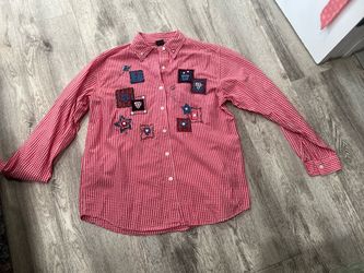 Red Gingham Button-Up Shirt with Patches