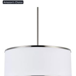 Farmhouse Modern Classic  Vintage, 20” Brushed Nickel Chandelier 4-Light, White Fabric Shade NEW