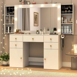 White Vanity Desk with Large Lighted Mirror & Power Outlet, Makeup Vanity Table with Glass Top & Drawers, Sliding Storage, 44.1" Large Makeup Vanity T