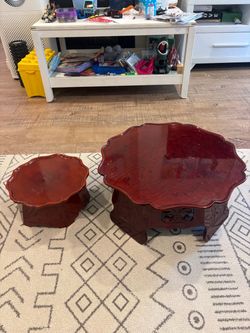 Red Lacquer Low Tables Set of 2