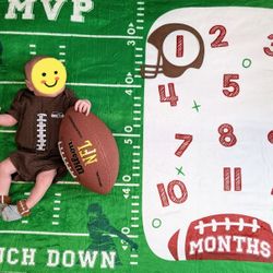 Newborn Football Baby Monthly Milestone Blanket + Seahawks Football Onesie  + 2 Pair Of Socks + Prop