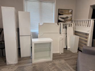 Complete White Nursery Furniture Set – Convertible Crib, Wardrobe, Glass Display Cabinet & Storage