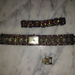 Heidi Daus Swarovski Multi Color Stone Watch With Matching Antique Multi Stone Strech Bracelet 