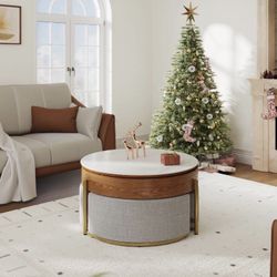 Dextrus Lift Top Round Coffee Table with Storage Compartment 3 Stools Pop up Stone Tabletop Rising Top Modern Coffee Table Set for Living Room Apartme