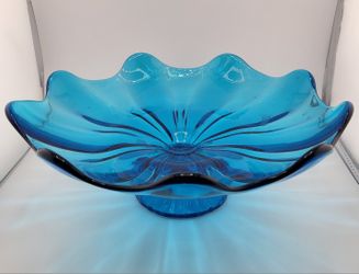 Vintage LE Smith Ruffled Blue Art Glass Pedestal Bowl Compote