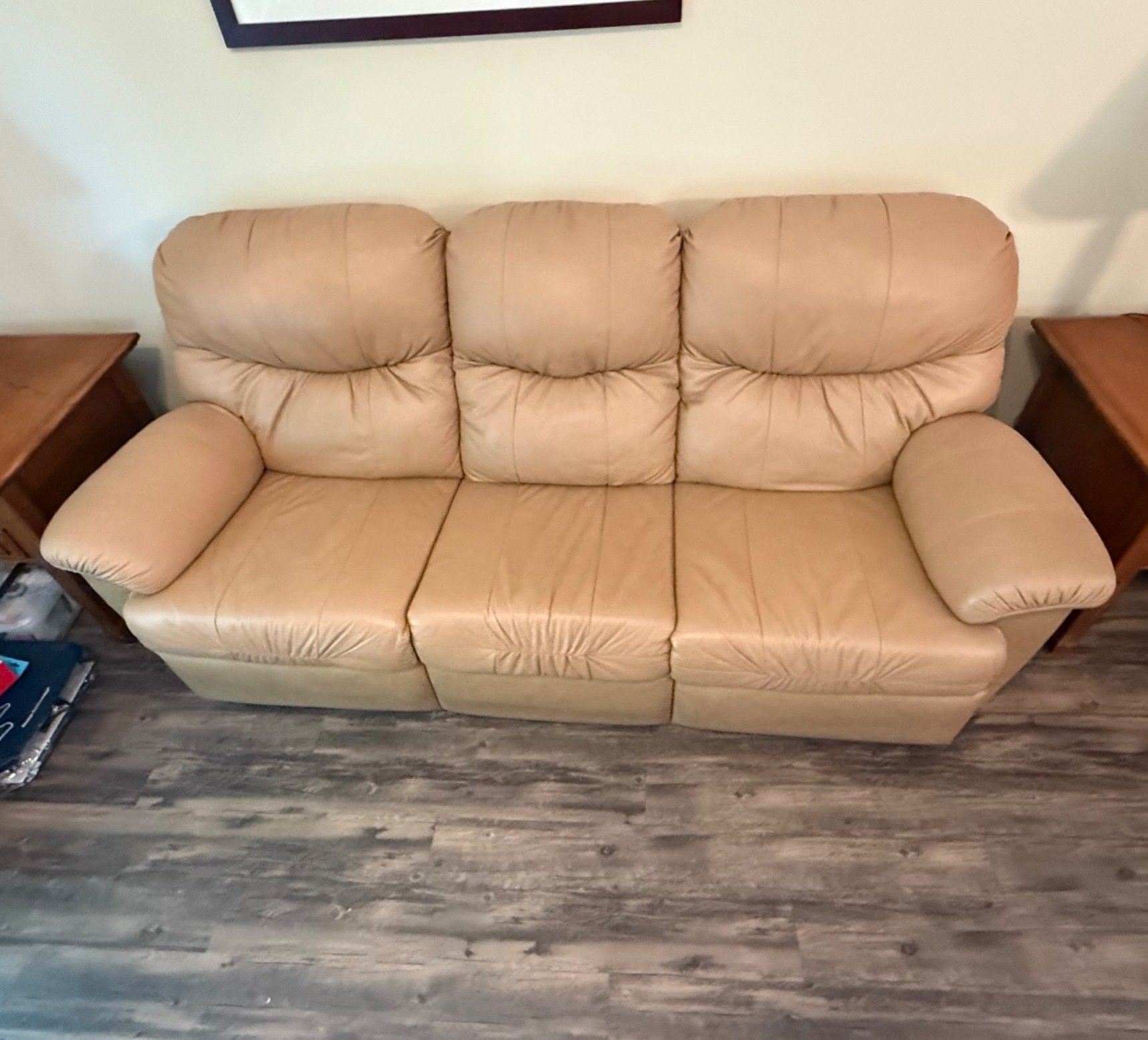 Leather 3-Seat Sofa Couch Reclining Ends Tan