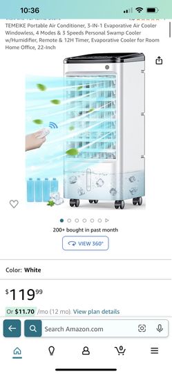 TEMEIKE Portable Air Conditioner, 3-IN-1 Evaporative Air Cooler Windowless