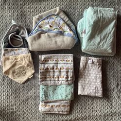Baby Linen Lot; 4 Bibs, Hooded Towel, 3 Pack and play Sheets, 4 Burp Cloths
