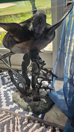 Vintage Coastal Bronze Sea Turtle Glass Top Accent Table