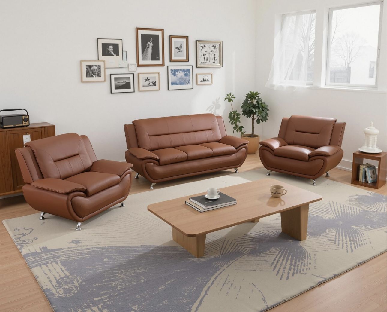 Brown Leather Modern Style Three Piece Couch Set
