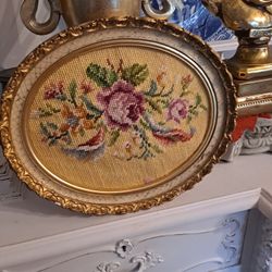Lovely Needle Point With Nice Oval Antique Frame