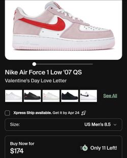 Nike Air Force 1 Low '07 QS 'Valentine’s Day Love Letter
Used
Size 8.5