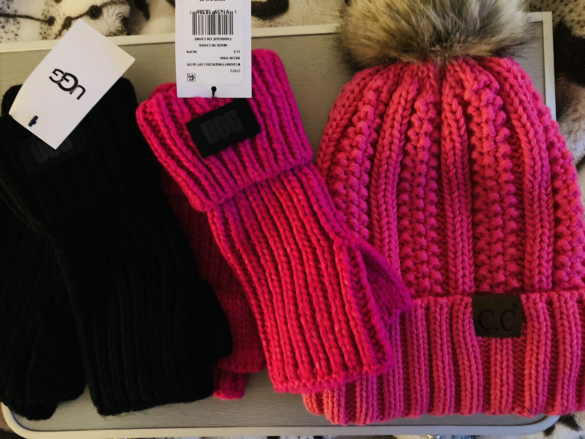 Ugg Fingerless Mittens And CC Hot Pink Hat