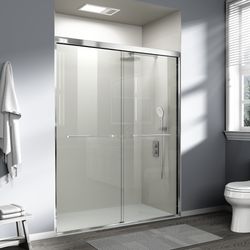 56–60 W Semi-Frameless Double Sliding Bathtub Shower Door, 6mm SGCC Tempered Glass, Stainless Steel Handle, Reversible Installation