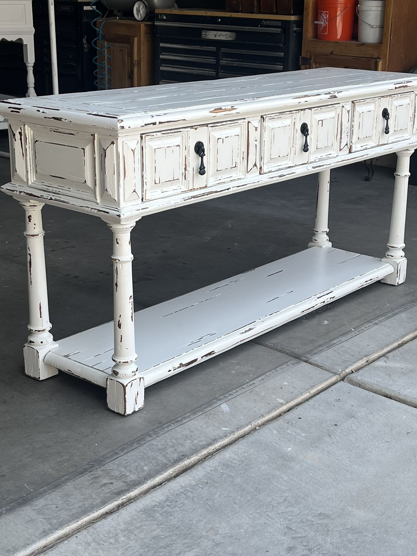 SOLID WEATHERED PINE FARMHOUSE CONSOLE, CREDENZA, ENTRY PIECE OR COUCH TABLE