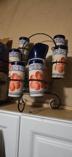 Ceramic Pitcher and Cups Set with Metal Rack