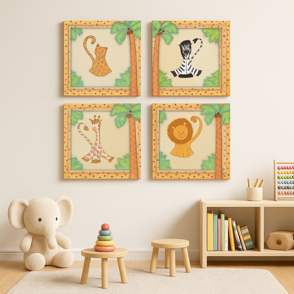 Sandy Russell 2000s Safari Animal Nursery Wall Art Set Of 4, 9x9x1.5”