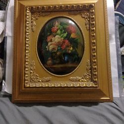 Vintage Oil Painting Of Rose Frame H 18 1/4 X 16 Used