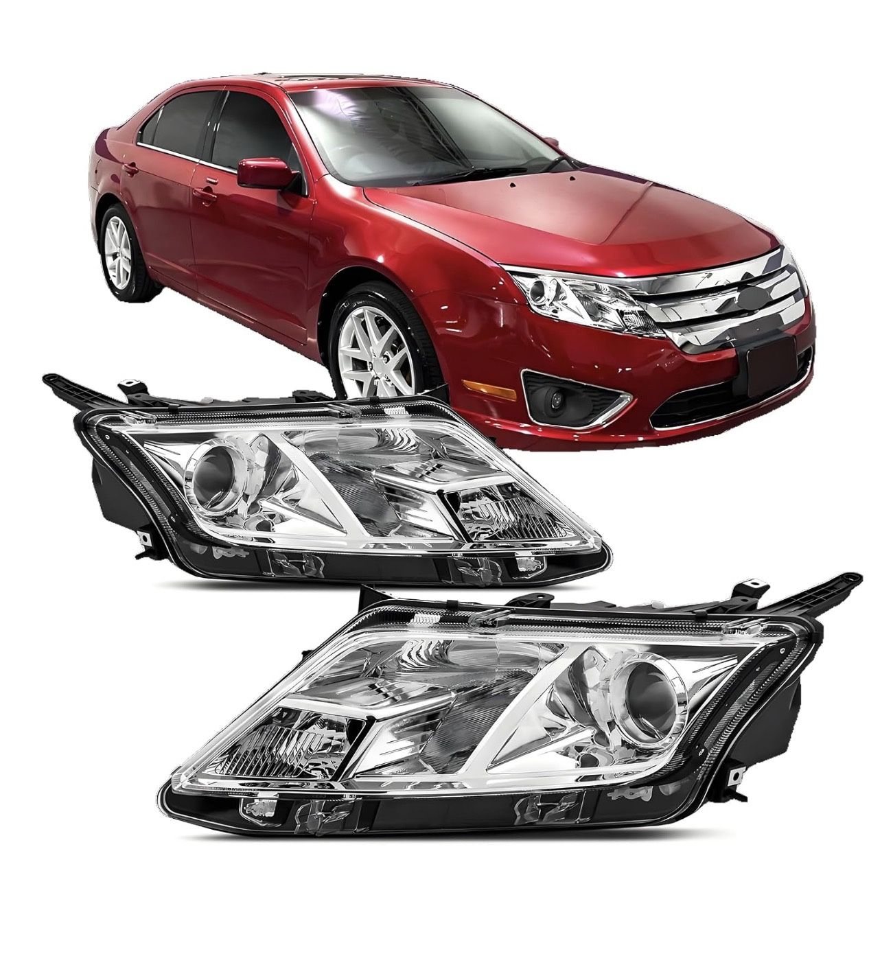 Headlight Assembly Compatible with 2010 2011 2012 FORD FUSION Headlight Assembly Chrome W/Clear Corner