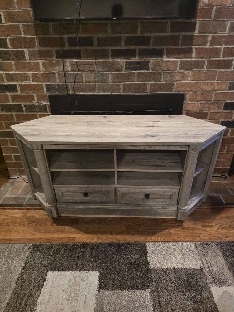 Rustic Gray Corner TV Stand with Storage Drawers and Shelves