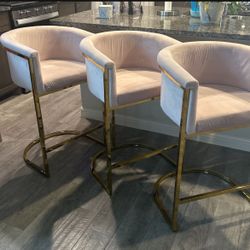 3 Velvet Gold & Pink Bar Stools