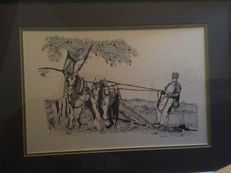 Framed Farmer Harrowing Field With Draft Horses Pen And Ink Art Signed Shei '76