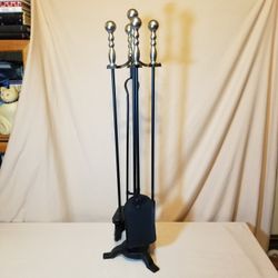 5 Piece Fireplace Tool Set Accessory & Stand Wrought Iron Elegant 