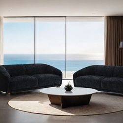 New Black 2 Piece Sofa Set Chenille Fabric Wooden Rounded Legs 