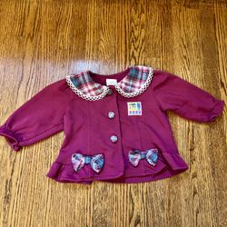 Vintage Baby Girl Magenta Button-up shirt Peter Pan collar plaid with bows 3-6 months school house tulip patch 