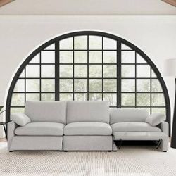 ~New 3 Seat Power Reclining Sofa Upholstered in Soft Grey Fabric~