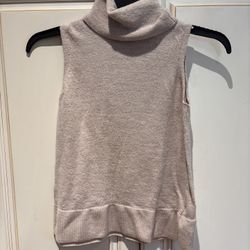 Halston Size S extra fine merino wool beige turtleneck sleeveless sweater blouse