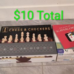 Wooden Chess & Checkers, Rock Me Archimedes Marble Game & Scattergories - Take All 3 For $10 Total