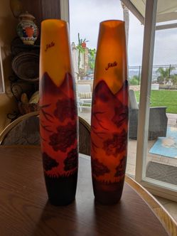 SET (2) Galle Fall Candle Holders / Vases Amazing Fall Colors "Halloween"