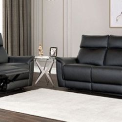 Brand New Black Leather Modern Style Reclining Sofa & Loveseat 