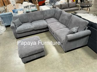New! Plush Dark Grey Sectional Sofa And Ottoman, Sectionals, Sofa, Couch, Grey Couch, Grey Sofa, L-Shaped Sofa, Plush Sectional Couch,Living Room Sofa