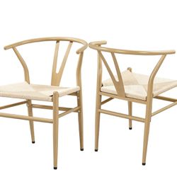 Metal Weave Arm Chair Y-Shaped Backrest Mid-Century Metal Dining Chair Hemp Seat Set of 2, Metal