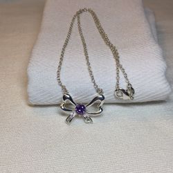 Silver Bow Accented With Purple Crystal On 925 Sterling Chain