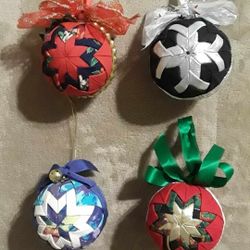 lot of 4 vintage handmade Christmas ball folded fabric ornaments $10 FIRM for ALL!