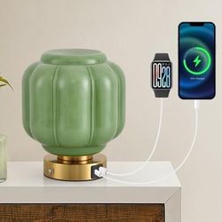 Rechargeable Table Lamp,Green Glass Lamp Small, 4000mAh Battery with Charging Station, Dimming