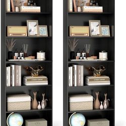 6-Tier Bookcase Set of 2, 70” Tall Freestanding Bookshelf with 6 Open Shelves, Anti-Toppling Kits, Floor Display Storage Bookcase for Living