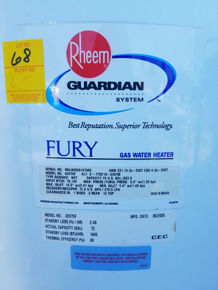 Rheem 75 gallon hot water heater